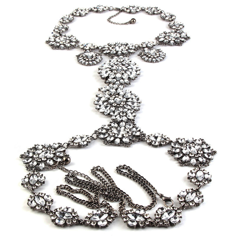 Calssic Rhinestone Flower Collar Pendant Necklace Dress Decro Body Chains Jewelry - White