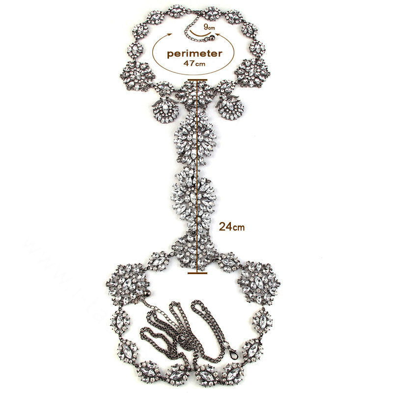 Calssic Rhinestone Flower Collar Pendant Necklace Dress Decro Body Chains Jewelry - White