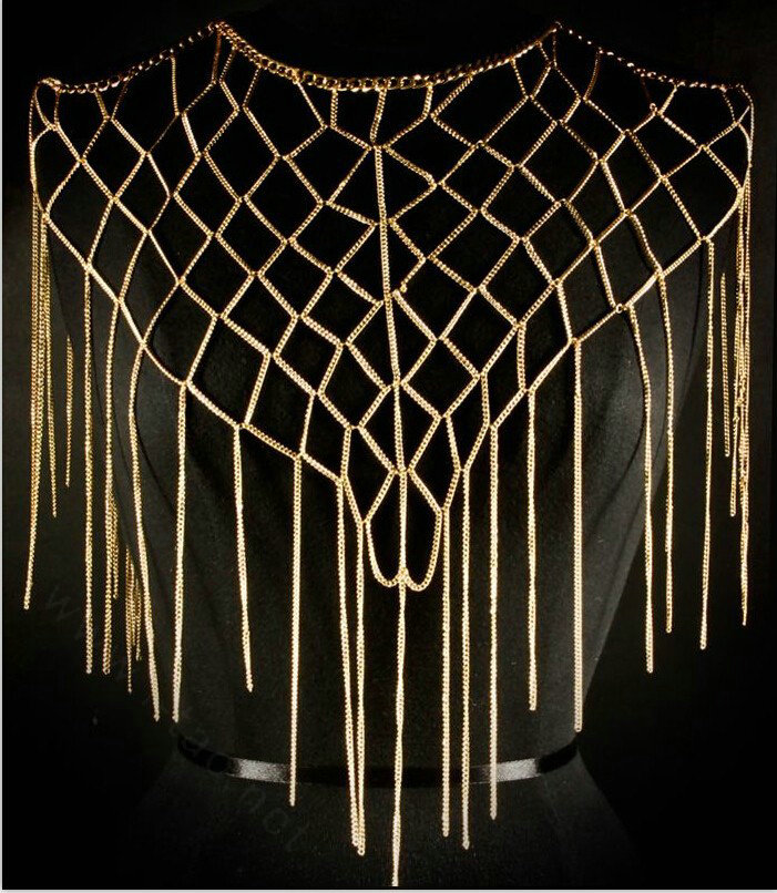 Calssic Tassel Mesh Shawl Shoulder Necklace Showgirl Body Chains Jewelry - Sliver