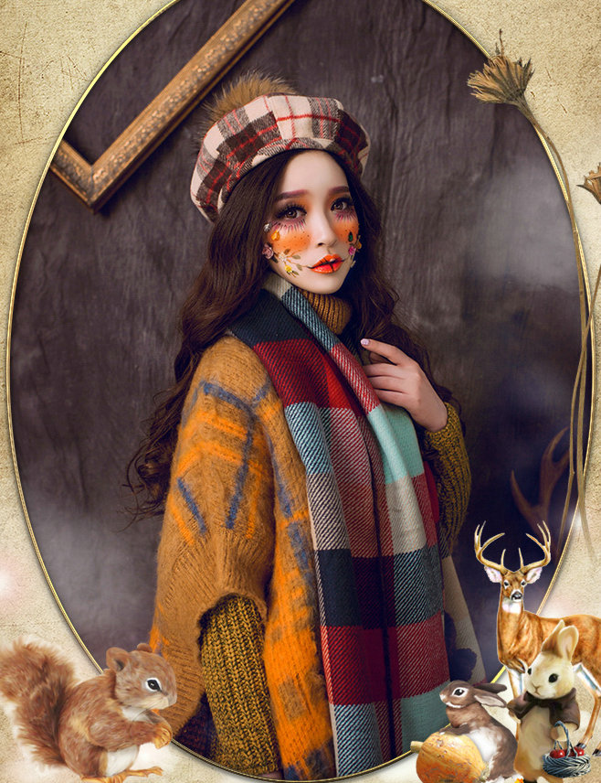 Classic Plaid Fox Fur Ball Wool Cotton Beanies Caps Academy Casual Hats - Red Coffee