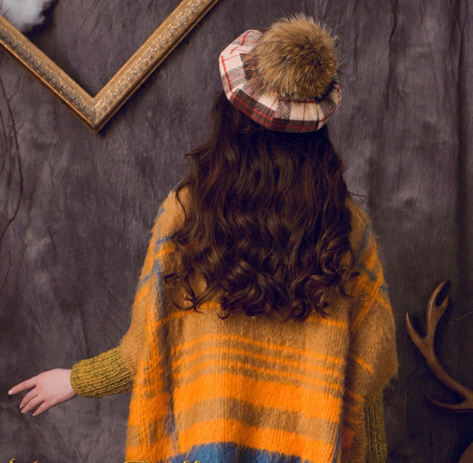 Classic Plaid Fox Fur Ball Wool Cotton Beanies Caps Academy Casual Hats - Red Coffee