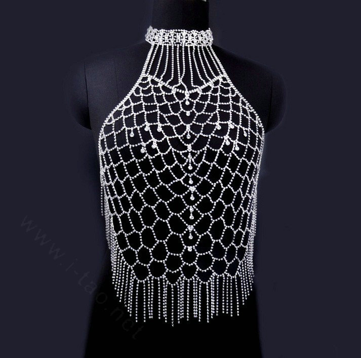 Diamonds Full Body Chain Shoulder Necklace Bikini Harness Showgirl Decor Jewellry - Silver
