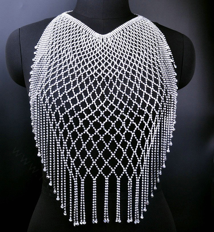Diamonds Tassel Full Body Chain Necklace Bikini Harness Showgirl Decor Jewelry - Silver