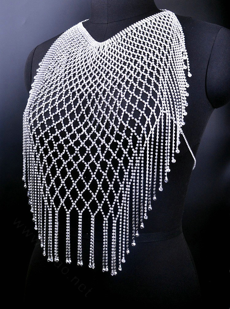 Diamonds Tassel Full Body Chain Necklace Bikini Harness Showgirl Decor Jewelry - Silver