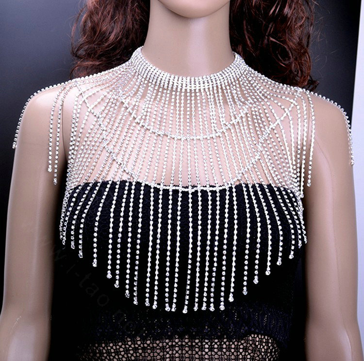 Elegant Bridal Rhinestone Tassel Shoulder Chain Necklace Dress Decor Jewellry - Silver