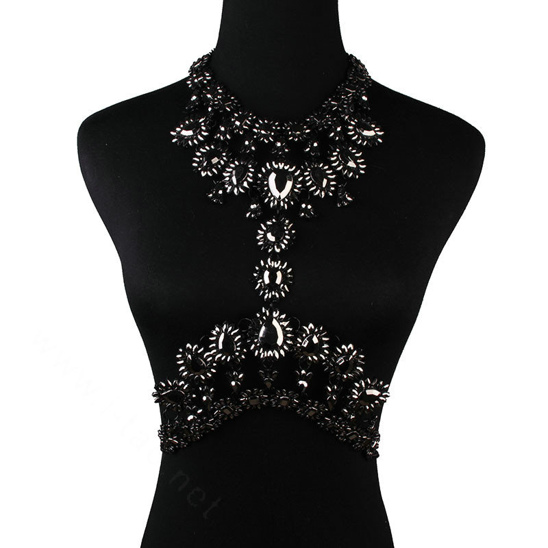 Elegant Women Crown Crystal Pendant Necklace Evening Party Dress Decro Body Chain - Black Gray