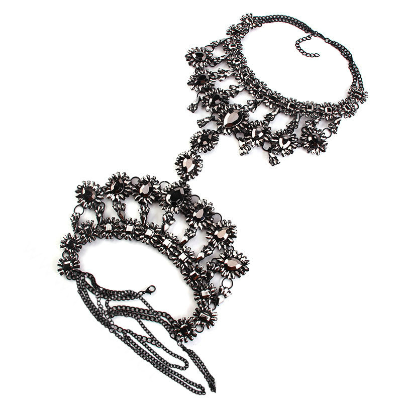 Elegant Women Crown Crystal Pendant Necklace Evening Party Dress Decro Body Chain - Black Gray