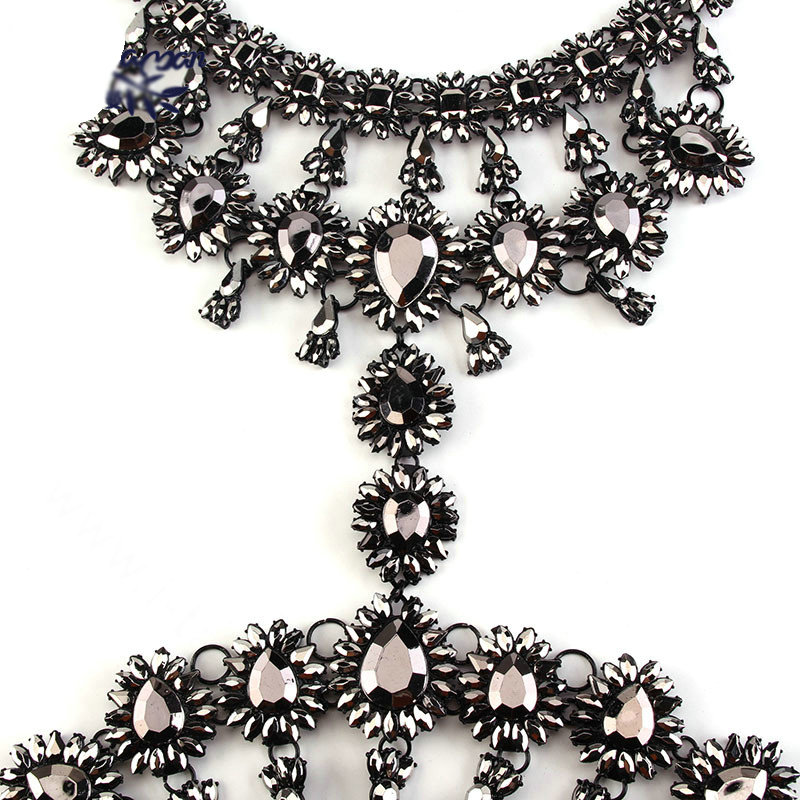 Elegant Women Crown Crystal Pendant Necklace Evening Party Dress Decro Body Chain - Black Gray