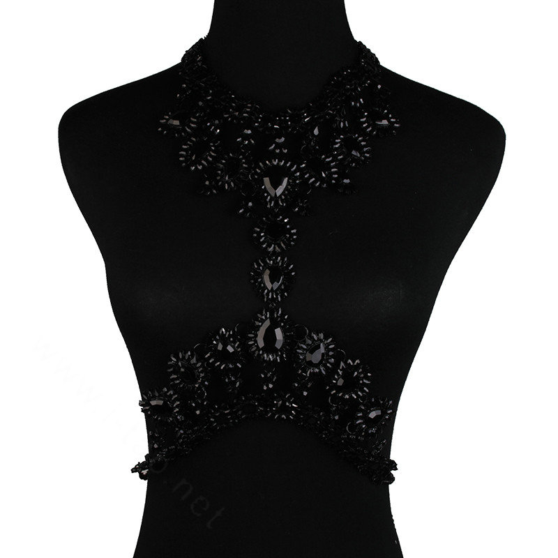 Elegant Women Crown Crystal Pendant Necklace Evening Party Dress Decro Body Chain - Black