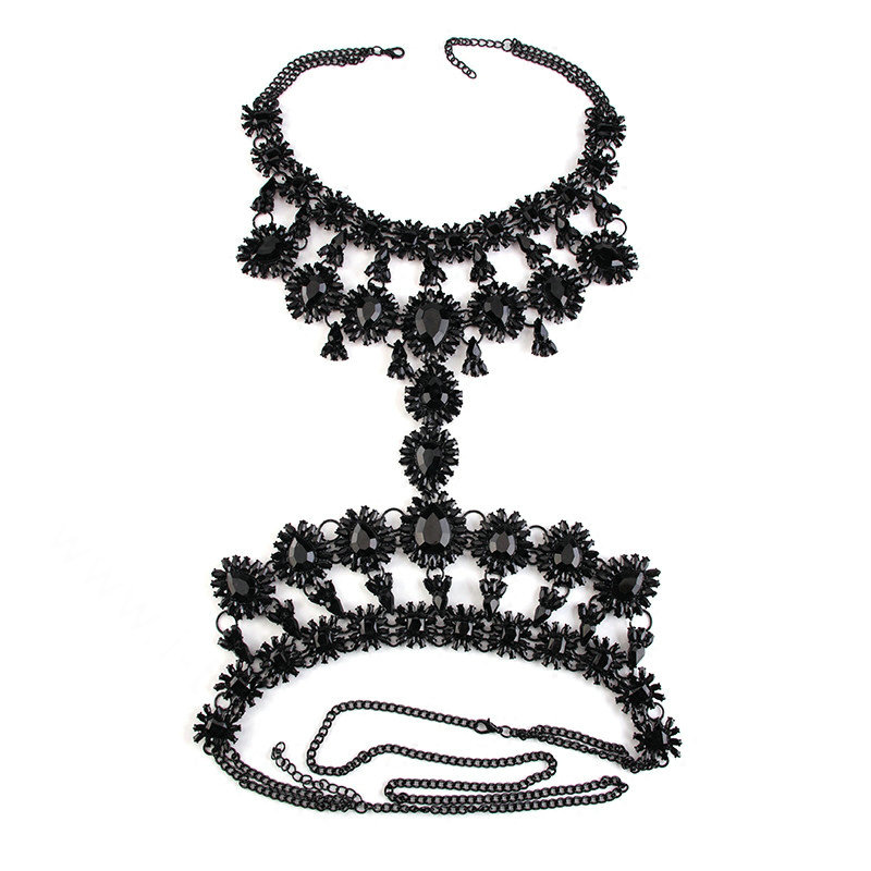 Elegant Women Crown Crystal Pendant Necklace Evening Party Dress Decro Body Chain - Black