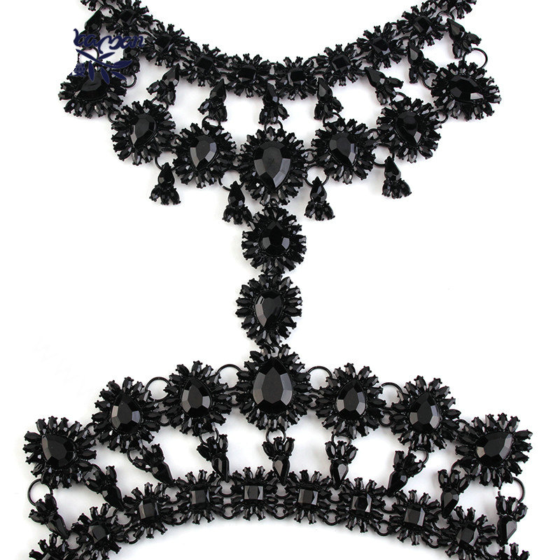 Elegant Women Crown Crystal Pendant Necklace Evening Party Dress Decro Body Chain - Black