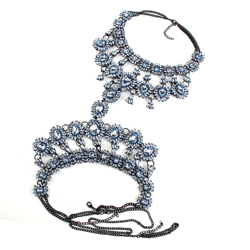 Elegant Women Crown Crystal Pendant Necklace Evening Party Dress Decro Body Chain - Blue