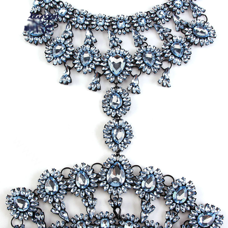 Elegant Women Crown Crystal Pendant Necklace Evening Party Dress Decro Body Chain - Blue