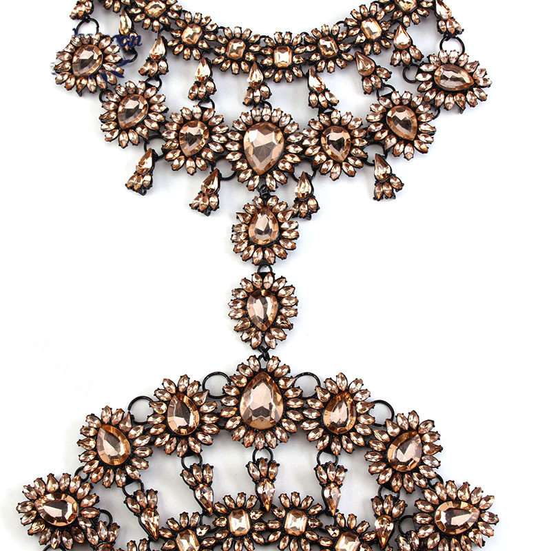 Elegant Women Crown Crystal Pendant Necklace Evening Party Dress Decro Body Chain - Champagne