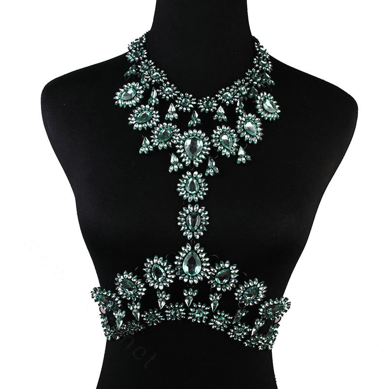 Elegant Women Crown Crystal Pendant Necklace Evening Party Dress Decro Body Chain - Green