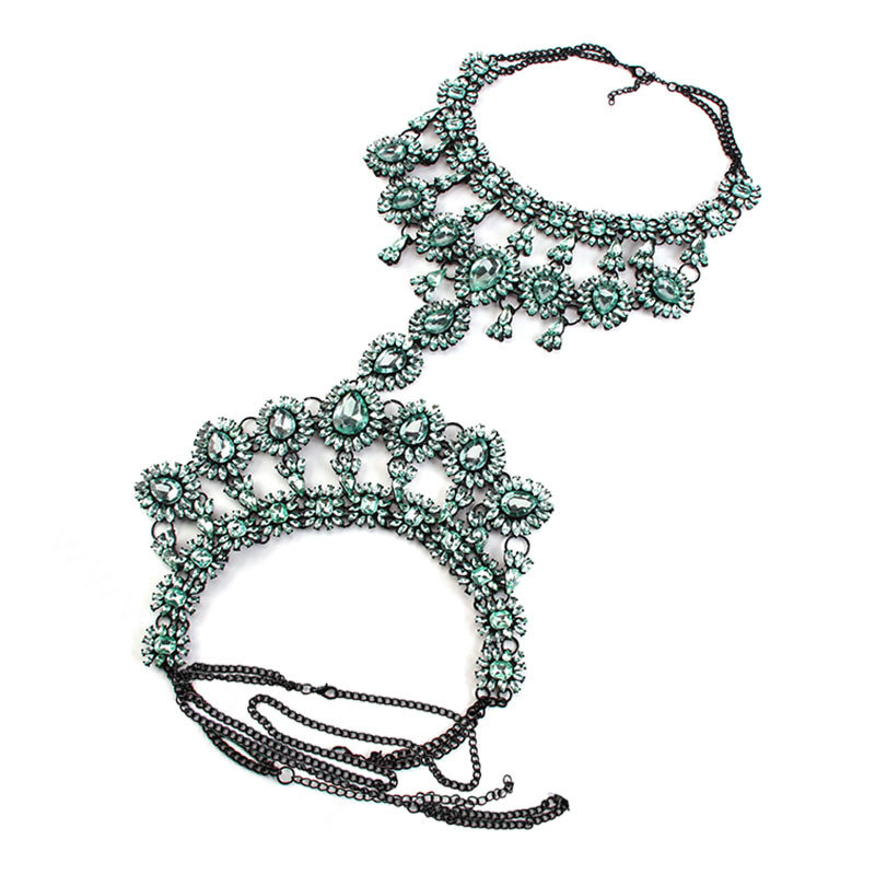 Elegant Women Crown Crystal Pendant Necklace Evening Party Dress Decro Body Chain - Green