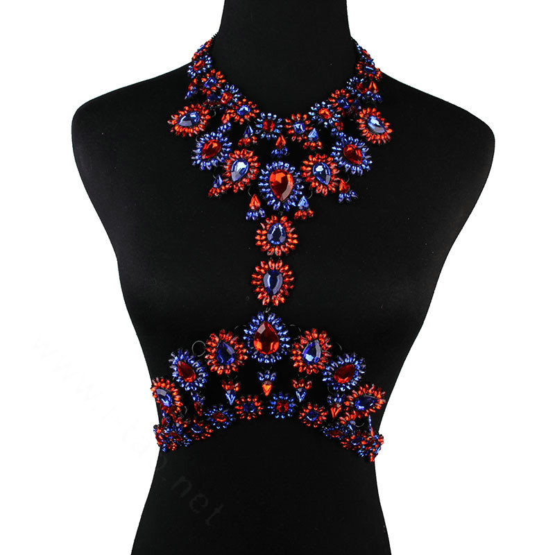 Elegant Women Crown Crystal Pendant Necklace Evening Party Dress Decro Body Chain - Red Blue
