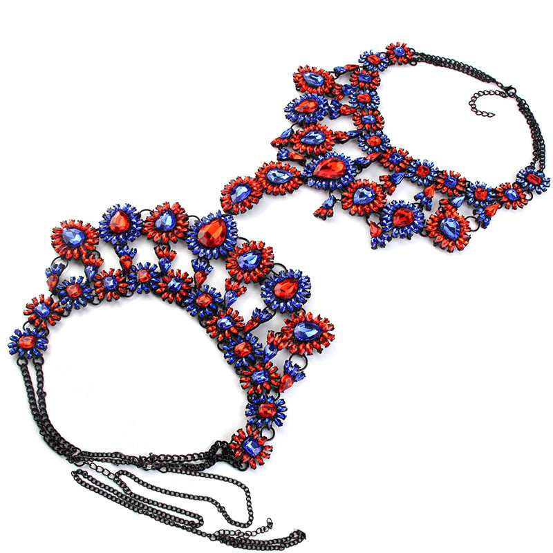 Elegant Women Crown Crystal Pendant Necklace Evening Party Dress Decro Body Chain - Red Blue