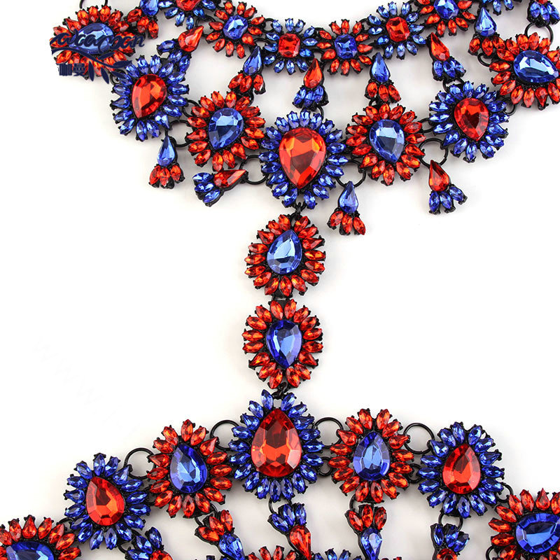 Elegant Women Crown Crystal Pendant Necklace Evening Party Dress Decro Body Chain - Red Blue