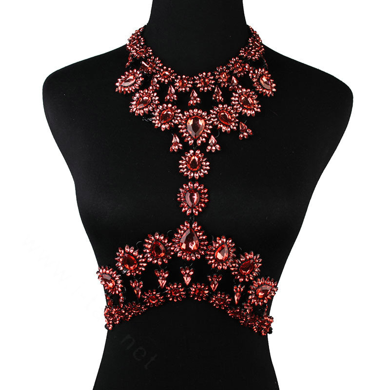 Elegant Women Crown Crystal Pendant Necklace Evening Party Dress Decro Body Chain - Red