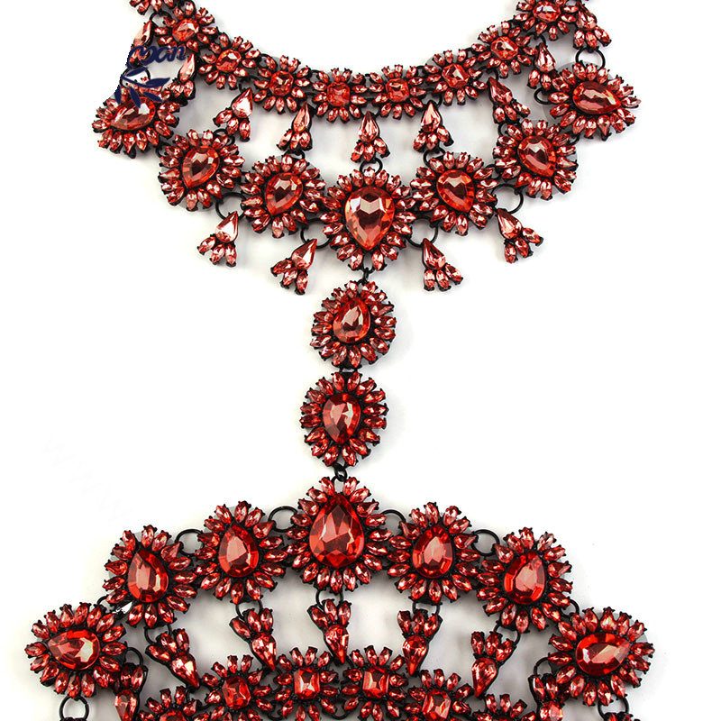 Elegant Women Crown Crystal Pendant Necklace Evening Party Dress Decro Body Chain - Red