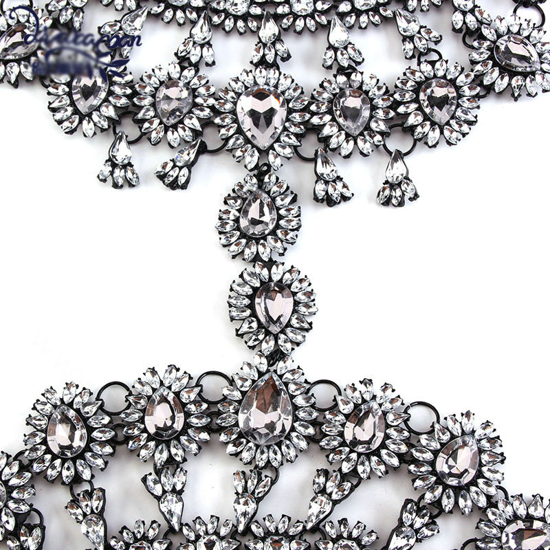 Elegant Women Crown Crystal Pendant Necklace Evening Party Dress Decro Body Chain - White