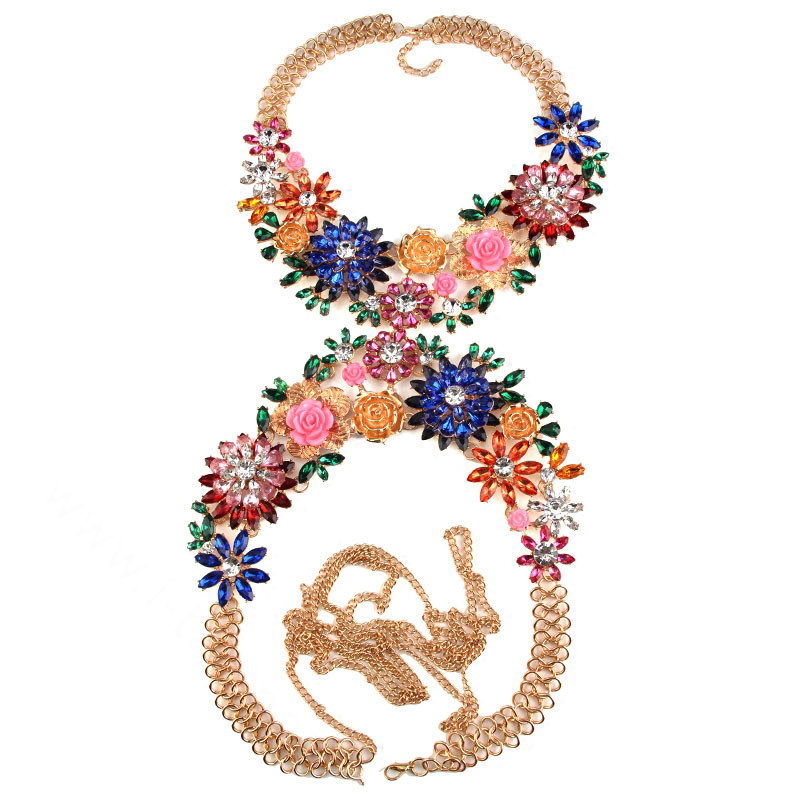 Exaggerate Crystal Flower Pendant Necklace Bikini Beach Dress Decro Body Chain Jewelry - Colour