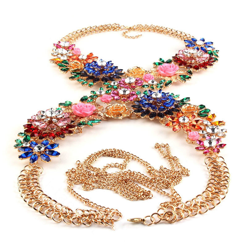 Exaggerate Crystal Flower Pendant Necklace Bikini Beach Dress Decro Body Chain Jewelry - Colour