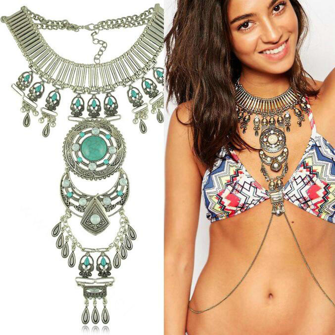 Exaggerate National Style Semi Precious Stones Body Chains Harness Necklace Jewelry - Gold