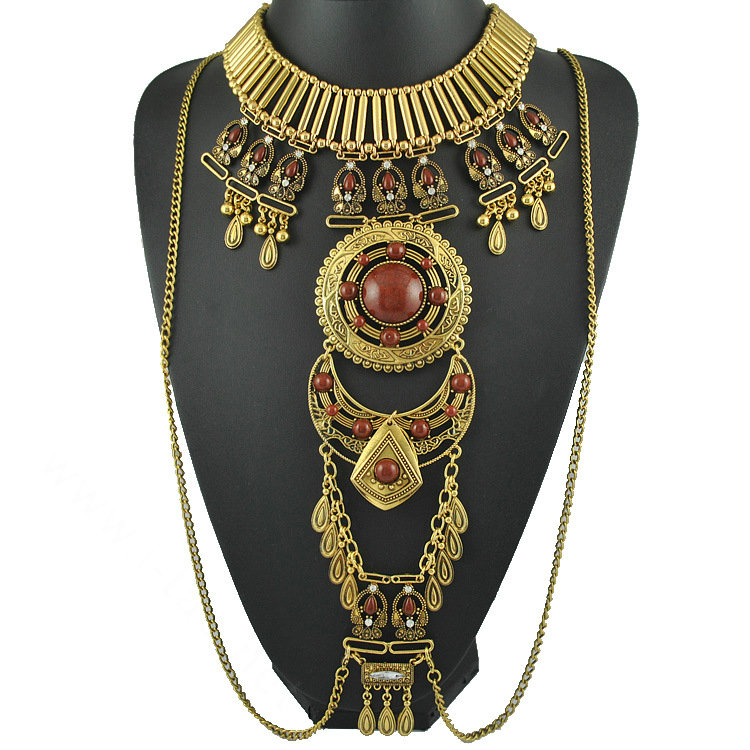 Exaggerate National Style Semi Precious Stones Body Chains Harness Necklace Jewelry - Gold