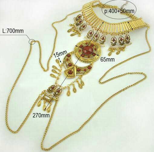 Exaggerate National Style Semi Precious Stones Body Chains Harness Necklace Jewelry - Gold