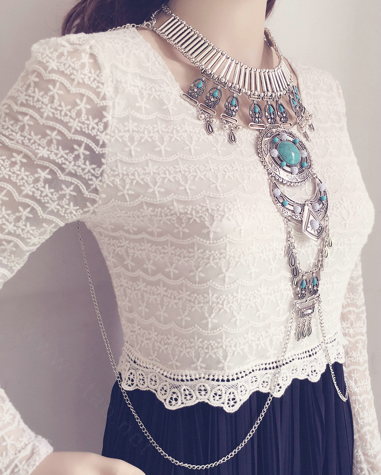 Exaggerate National Style Semi Precious Stones Body Chains Harness Necklace Jewelry - Sliver