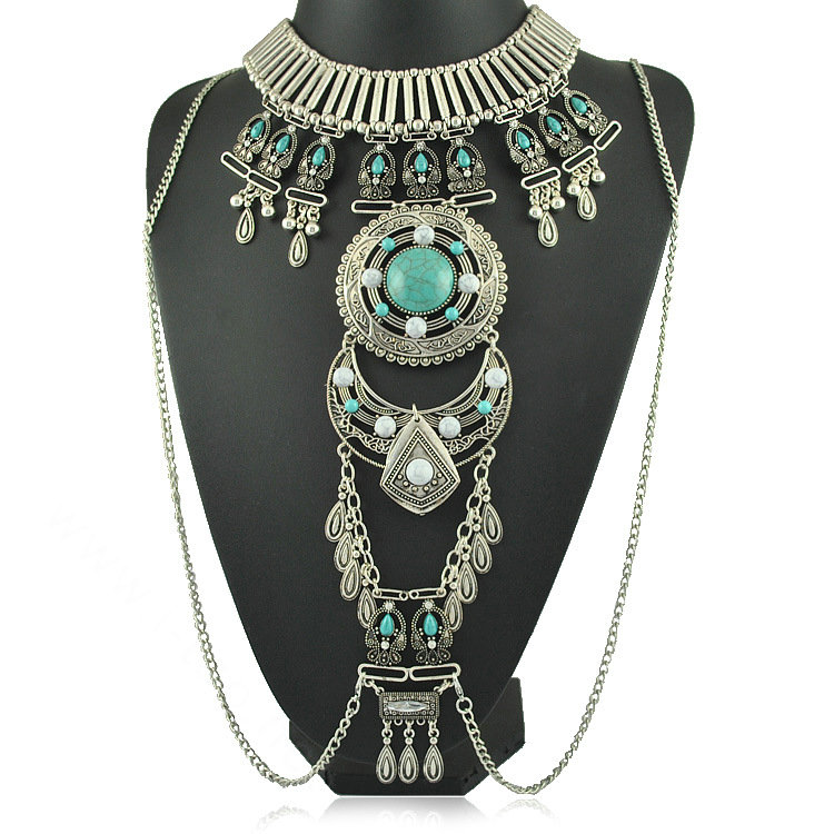 Exaggerate National Style Semi Precious Stones Body Chains Harness Necklace Jewelry - Sliver
