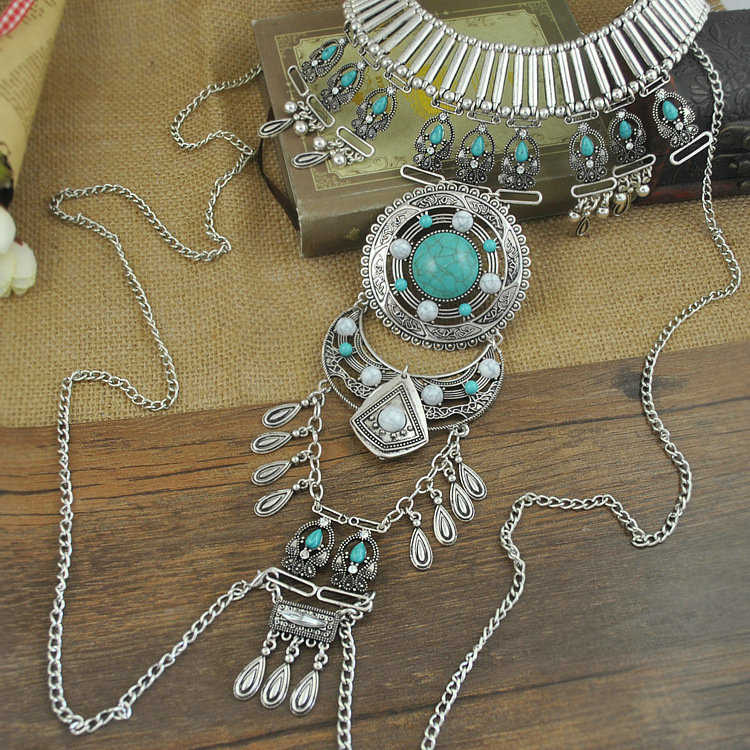 Exaggerate National Style Semi Precious Stones Body Chains Harness Necklace Jewelry - Sliver