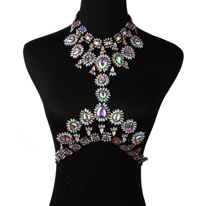 Exaggerate Rhinestone Flower Collar Pendant Necklace Bikini Showgirl Body Chain Jewelry - Colorful