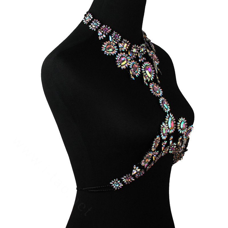 Exaggerate Rhinestone Flower Collar Pendant Necklace Bikini Showgirl Body Chain Jewelry - Colorful