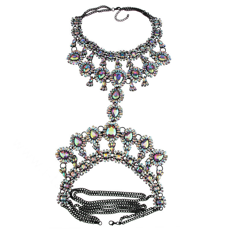 Exaggerate Rhinestone Flower Collar Pendant Necklace Bikini Showgirl Body Chain Jewelry - Colorful