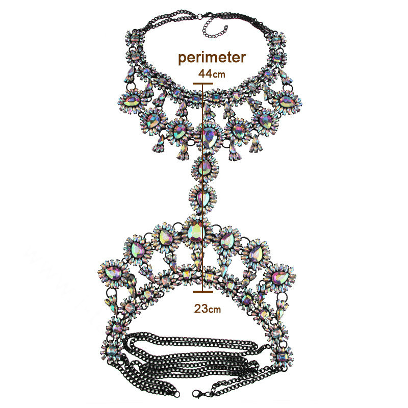 Exaggerate Rhinestone Flower Collar Pendant Necklace Bikini Showgirl Body Chain Jewelry - Colorful