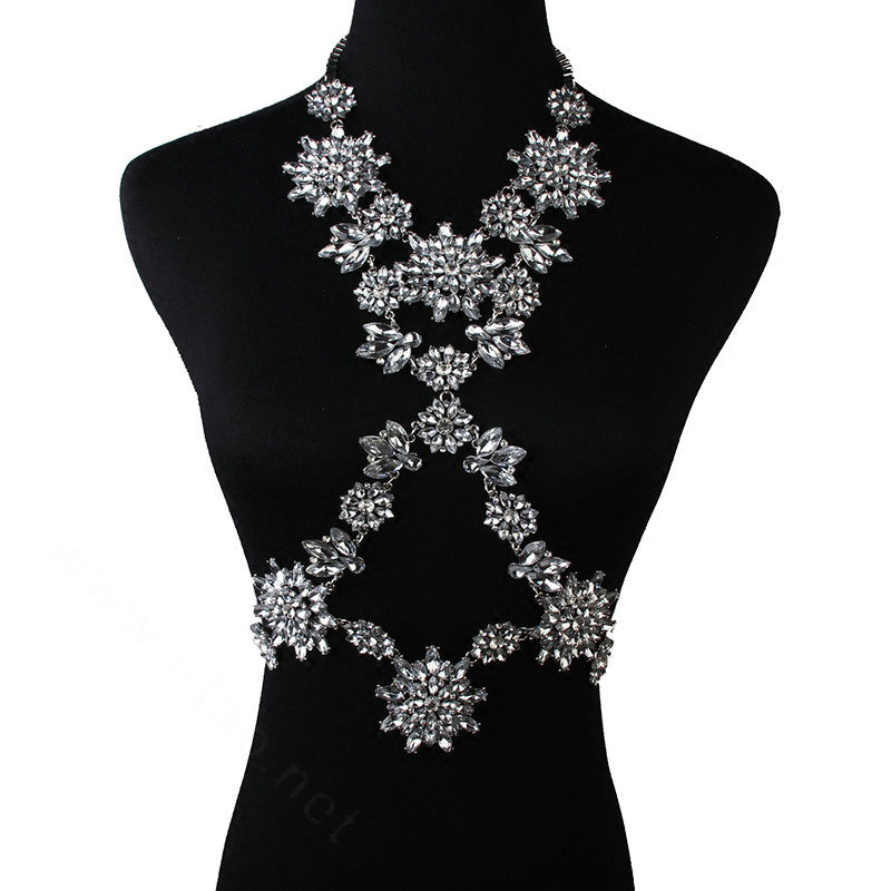 Exaggerate Rhinestone Flower Collar Pendant Necklace Bikini Showgirl Body Chain Jewelry - White