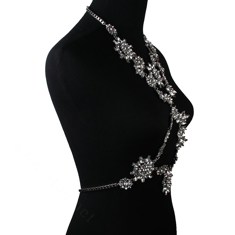 Exaggerate Rhinestone Flower Collar Pendant Necklace Bikini Showgirl Body Chain Jewelry - White