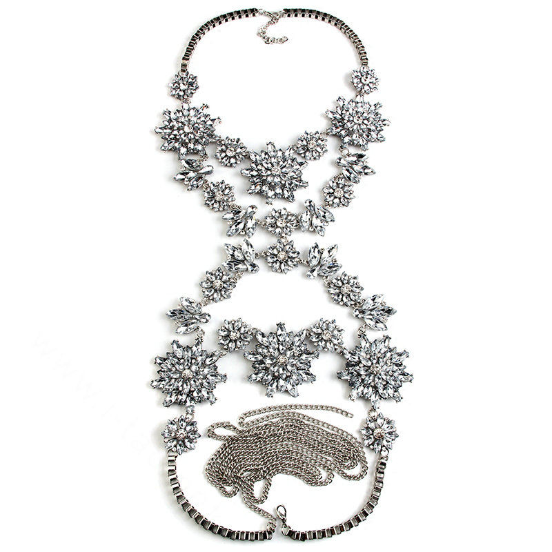 Exaggerate Rhinestone Flower Collar Pendant Necklace Bikini Showgirl Body Chain Jewelry - White