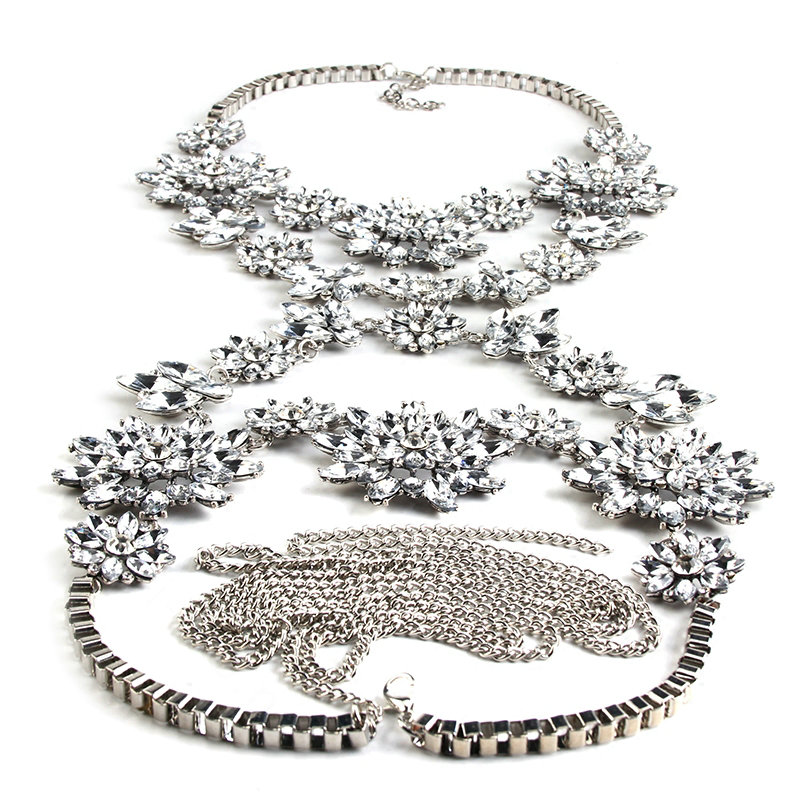 Exaggerate Rhinestone Flower Collar Pendant Necklace Bikini Showgirl Body Chain Jewelry - White