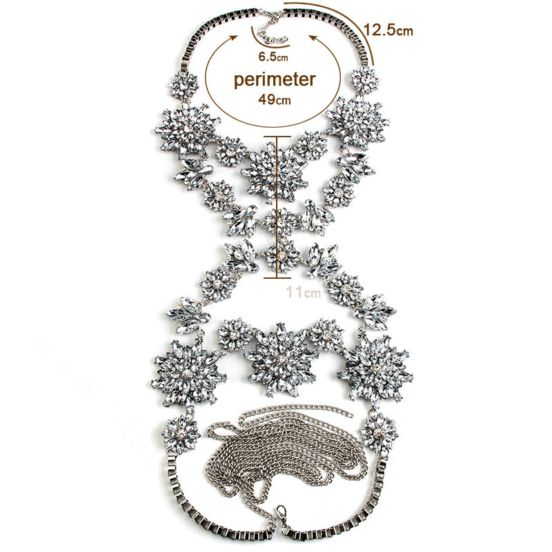 Exaggerate Rhinestone Flower Collar Pendant Necklace Bikini Showgirl Body Chain Jewelry - White