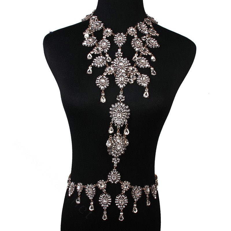 Exaggerate Rhinestone Flower Waterdrop Pendant Necklace Bikini Showgirl Body Chain Jewelry - White