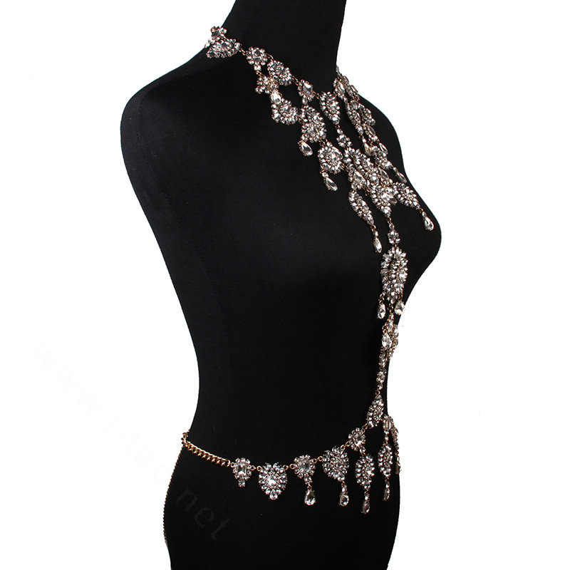Exaggerate Rhinestone Flower Waterdrop Pendant Necklace Bikini Showgirl Body Chain Jewelry - White