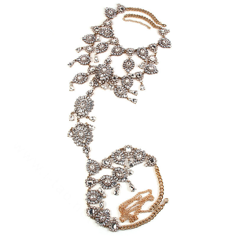 Exaggerate Rhinestone Flower Waterdrop Pendant Necklace Bikini Showgirl Body Chain Jewelry - White