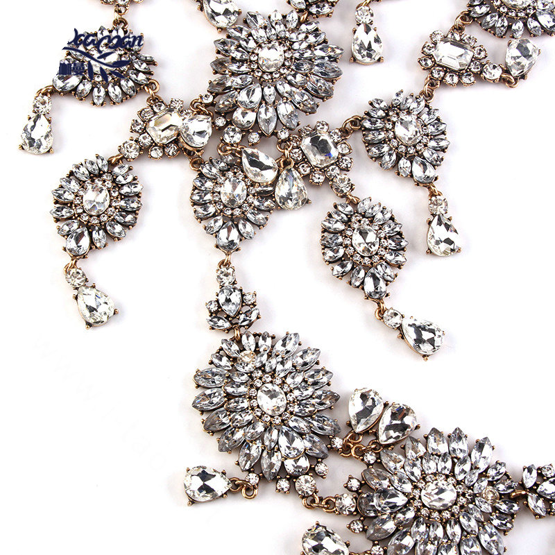 Exaggerate Rhinestone Flower Waterdrop Pendant Necklace Bikini Showgirl Body Chain Jewelry - White
