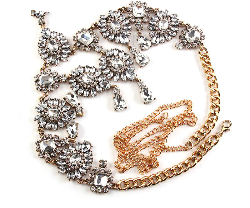 Exaggerate Rhinestone Flower Waterdrop Pendant Necklace Bikini Showgirl Body Chain Jewelry - White