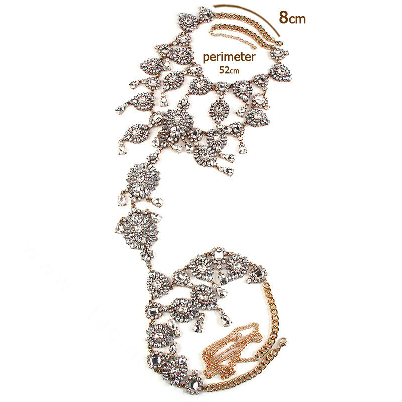 Exaggerate Rhinestone Flower Waterdrop Pendant Necklace Bikini Showgirl Body Chain Jewelry - White