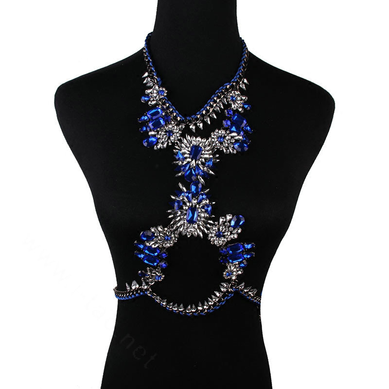 Exaggerate Rhinestone Long Pendant Necklace Bikini Beach Belly Body Chains Jewelry - Blue